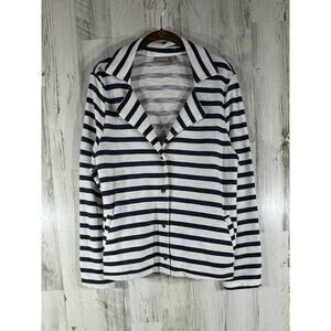 Chicos Blazer Size 1 or Small Breton Stripe Blue Cream‎ Slub Knit Snap Pockets